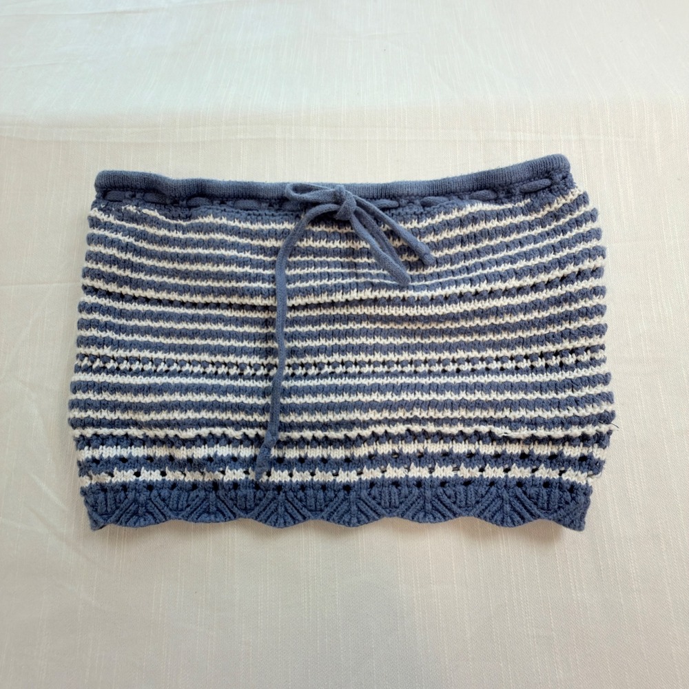 Hollister Tube Top Women XS Blue Excellent Striped Knit Pointelle Scallop Hem